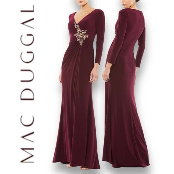MAC DUGGAL Women’s Faux Wrap Long Sleeve With Appliqué Details in the Size 10